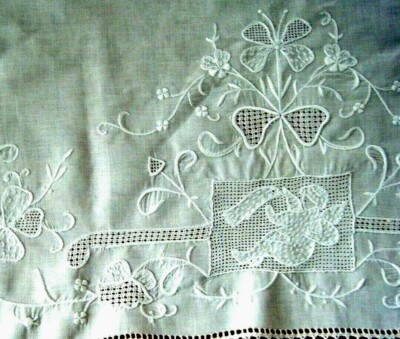 Victorian authentic cotton pillow or tablecloth cover  cherub  flowers h emb/ery