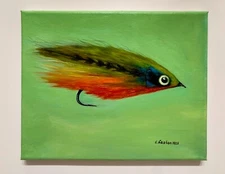Original Fly fishing lure original oil painting on canvas 8”x10”x3/4”, no frame