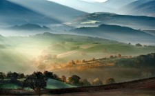Landscape nature mist mountains fall field trees sun Custom Gaming Mat Desk