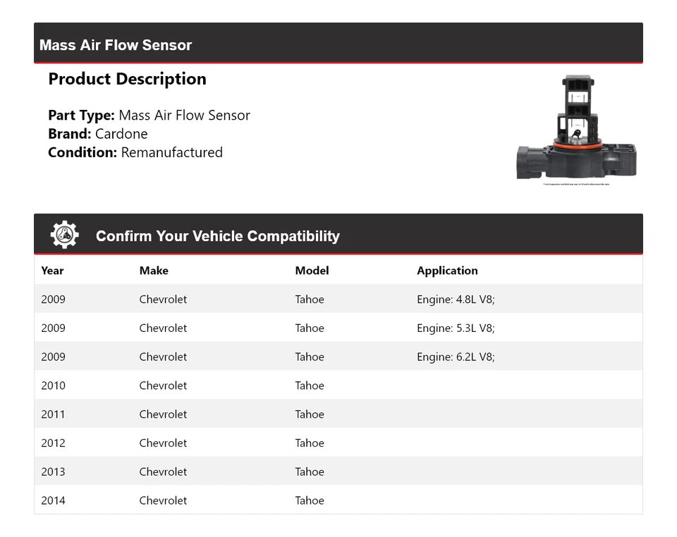 Sensor de flujo de aire masivo Cardone para Chevrolet Tahoe 2009-2014 2010 2011 2012 2013 Foto 2 de 4