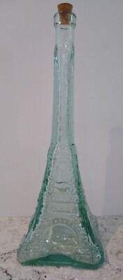Unusual 13 3/4'' Tall Aqua Green Pressed Glass Eiffel Tower France Bottle EUC