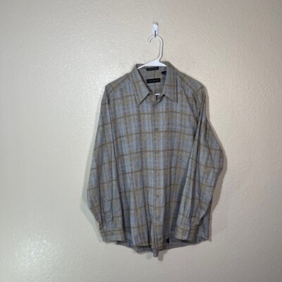 Jhane Barnes Shirt Mens Large Blue Beige Plaid Art Long Sleeve Button Up