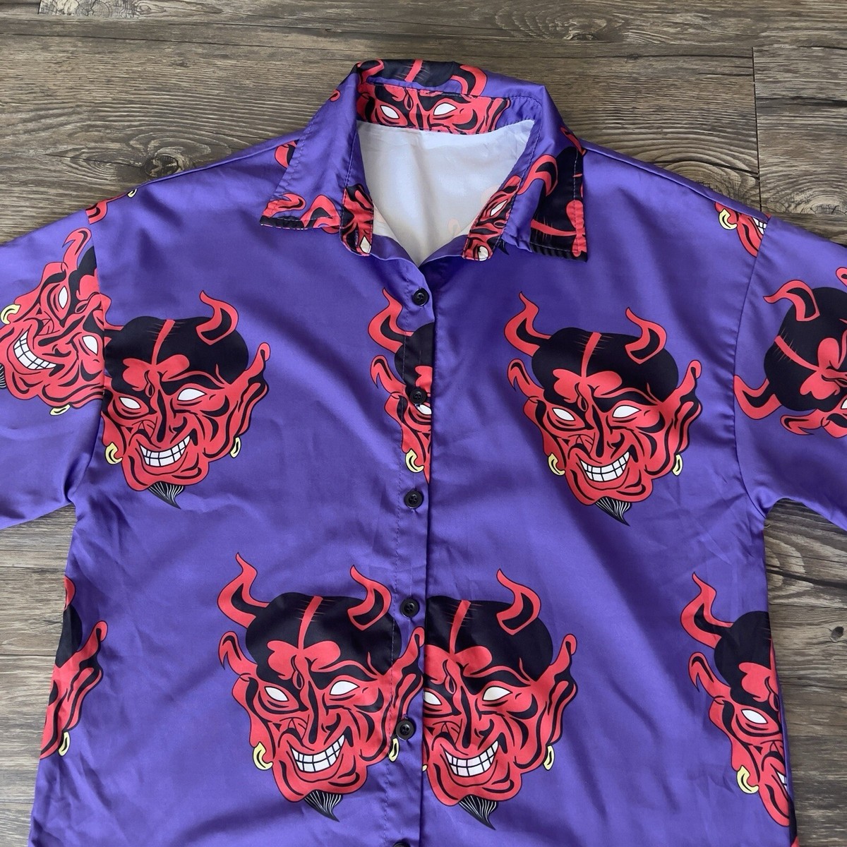 Devil Head AOP Button Up Shirt Short Sleeves Halloween Evil Demon