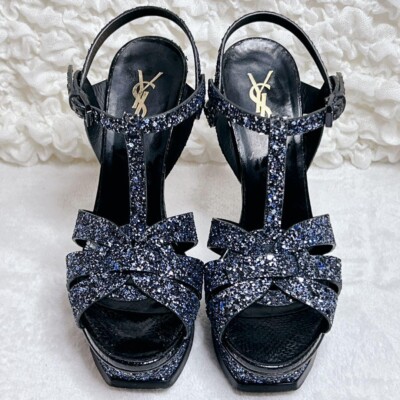 【関税負担】 saint laurent fake crocodile tribute sandal Saint Laurent Sandals Shoes Tribute Glitter Sequins Blue