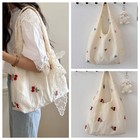 Embroidered Cherry Shoulder Bag Chiffon Canvas Underarm Bag Bow Tote Bag  Women