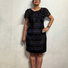 Jovani Blue Striped Lace Mini Sheath Dress Sz 12