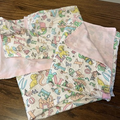 Handmade Vtg Baby Receiving Blanket Pair Sear Sucker Alphabet Duck Kittens Pink