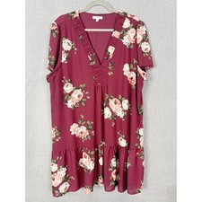 Ophelia Roe Dress Womens 2X Red Burgundy Floral Flutter Sleeve Romantic Cottage