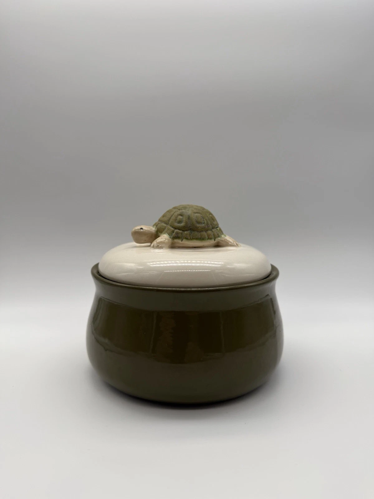 Hand Thrown Butter Crock Olive With Turtle Handle *Read