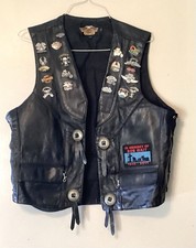 Black Leather Vest Size L Harley Davidson With Pins Large Eagle Patch