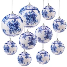 10 Pcs White and Blue Christmas Chinoiserie Ornaments Ball Christmas Porcelai...
