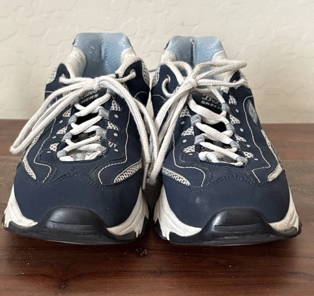 SKECHERS  D'lite Women's Size 9 Leather Casual Comfort Shoes BLUE/SILVER - Image 2 of 4