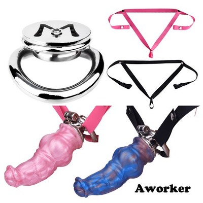 Negative Flat Metal Male Chastity Cage with Curved Silicone Head with Belt Ring 