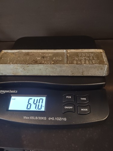 Nickel  Bar XXXX  Nickel Babbit  4 Pounds  Vintage American Smelting Co. Est1899