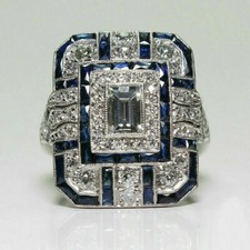 Vintage Art Deco Style White CZ-Stone  Blue Sapphire Engagement Ring 925 Silver