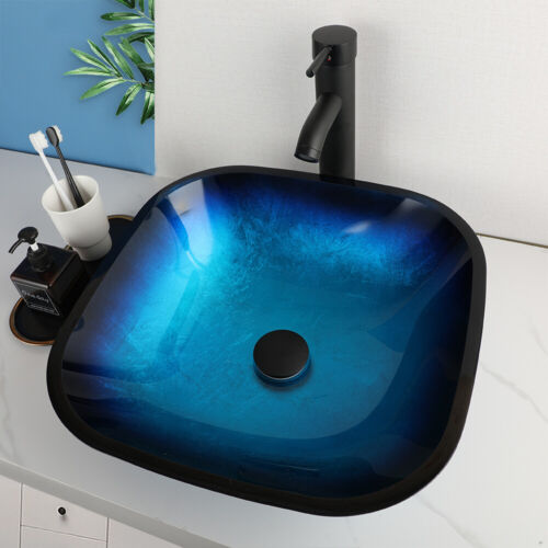 US Blue Bathroom Vessel Sink Square Tempered Glass Basin Mixer Black Drain Taps - Picture 10 of 13