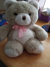 14" Plush Stuffed Tan And White Bear With Pink Tie