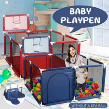 Foldable Baby Playpen Kids Safety Play Pen Yard Fence Tent + Basketball Hoop