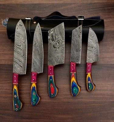 Handmade Damascus 5 Pc Chef Knife Set,  Peecock  Knife Set, Chef Set