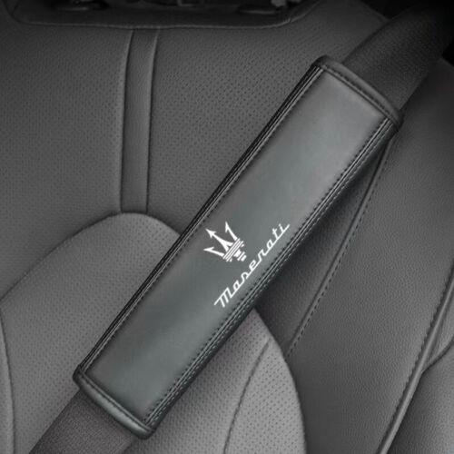 2pcs New Car Seat Belt Genuine Leather Shoulder Guard Cushion For Maserati Logo - Picture 1 of 7
