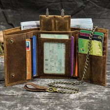 Men Leather Tri-fold Vintage Biker Chain wallet With Snap Closur CARD Holder