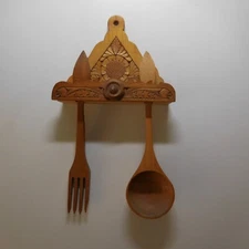 N23.337 Wall Utensil Holder Sculpture Kitchen Spoon Fork Wood Art Deco