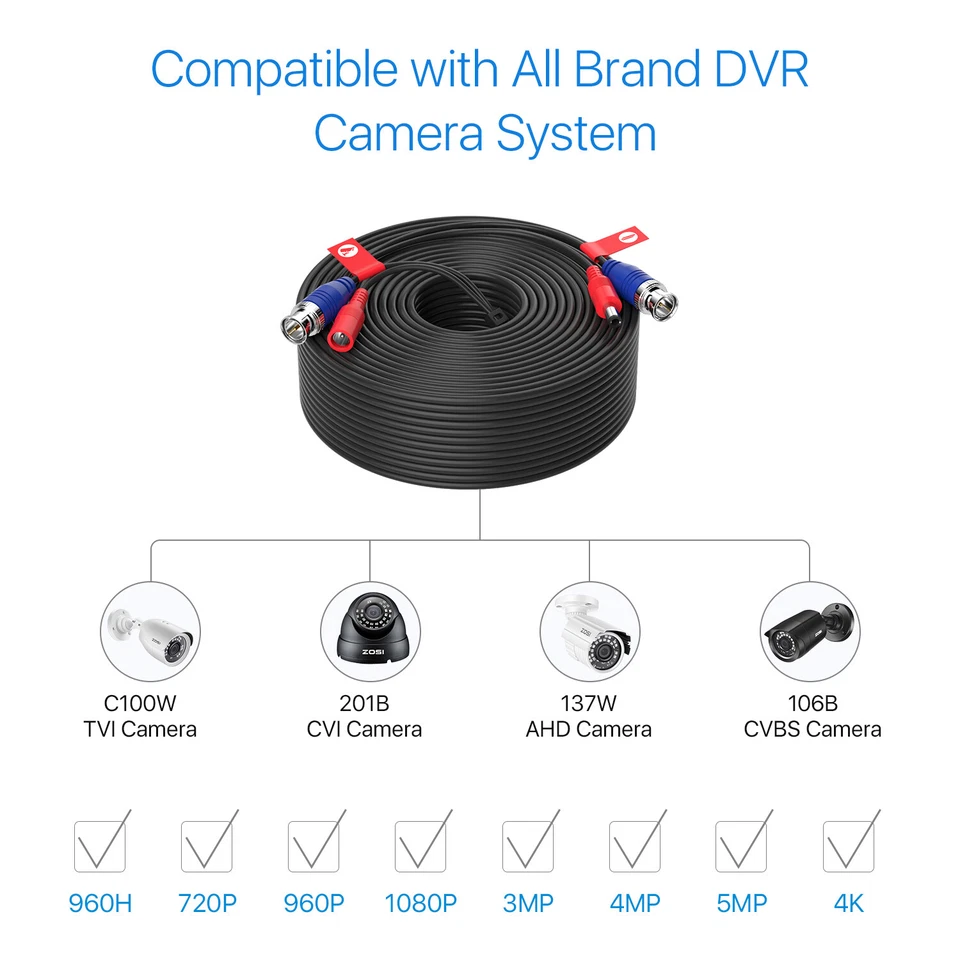 Cable BNC ZOSI 2x60FT RCA Cable de extensión para sistema de cámara de seguridad DVR Foto 2 de 4