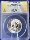 :1955-P 50C Franklin Half Dollar ANACS MS64FBL Full Bell Lines Bugs Bunny FS-401