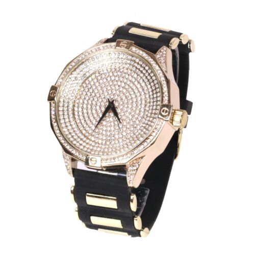 Techno Pave Hip Hop Iced Bling 12 Row CZ Gold Plated Rubber Band Watch - 第 1/9 張圖片