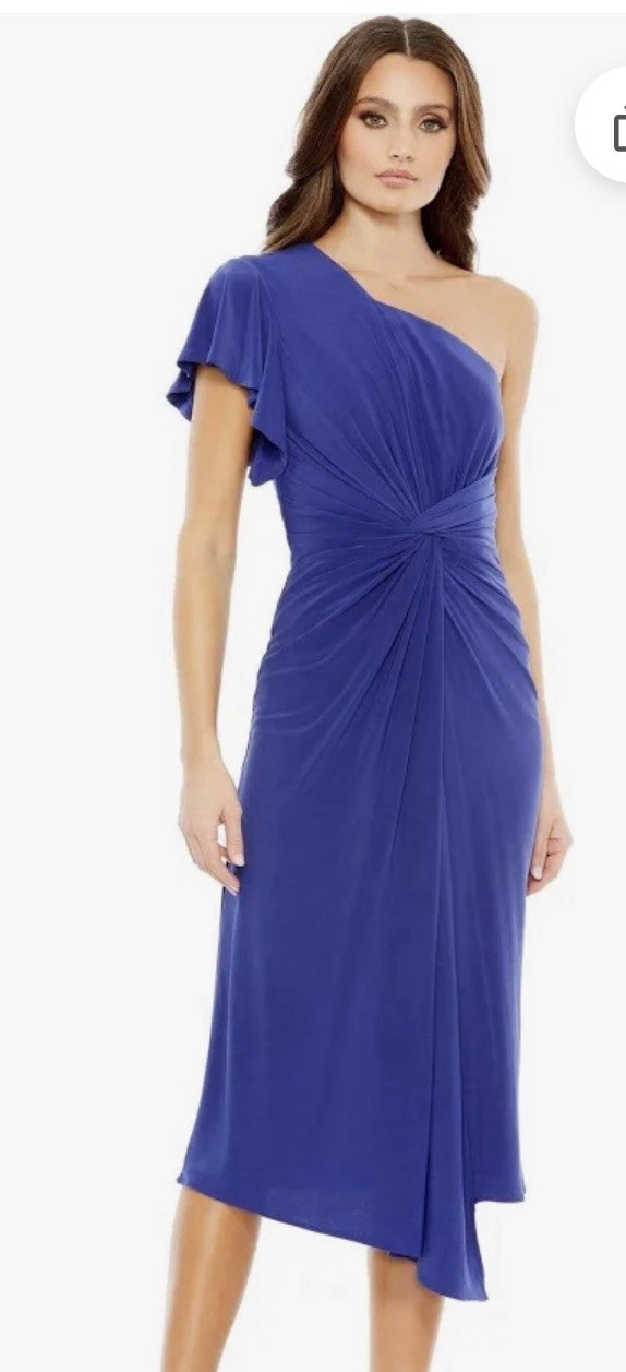Mac Duggal Blue Solid One-Shoulder Short Sleeve Asymmetric Midi Sheath size 10