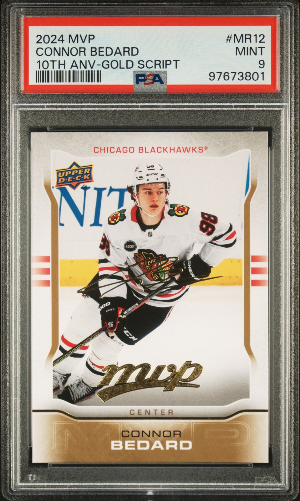 2024 UPPER DECK MVP 10TH ANNIVERSARY GOLD SCRIPT #MR12 CONNOR BEDARD PSA 9