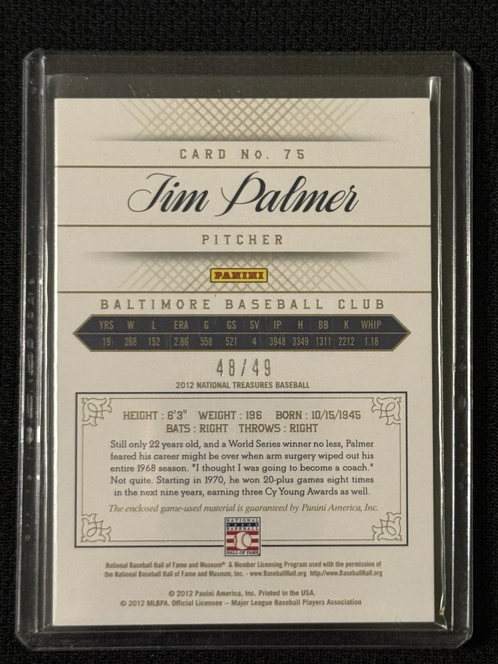 Camiseta deportiva Panini National Treasures Jim Palmer Relic 2012/49 usada en juegos #75 Foto 2 de 2