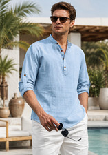 Men's Cotton Blend Mandarin Collar Short Kurta Solid Casual Full Sleeve
