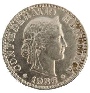1936 Switzerland 20 Rappen Nice!  A.1