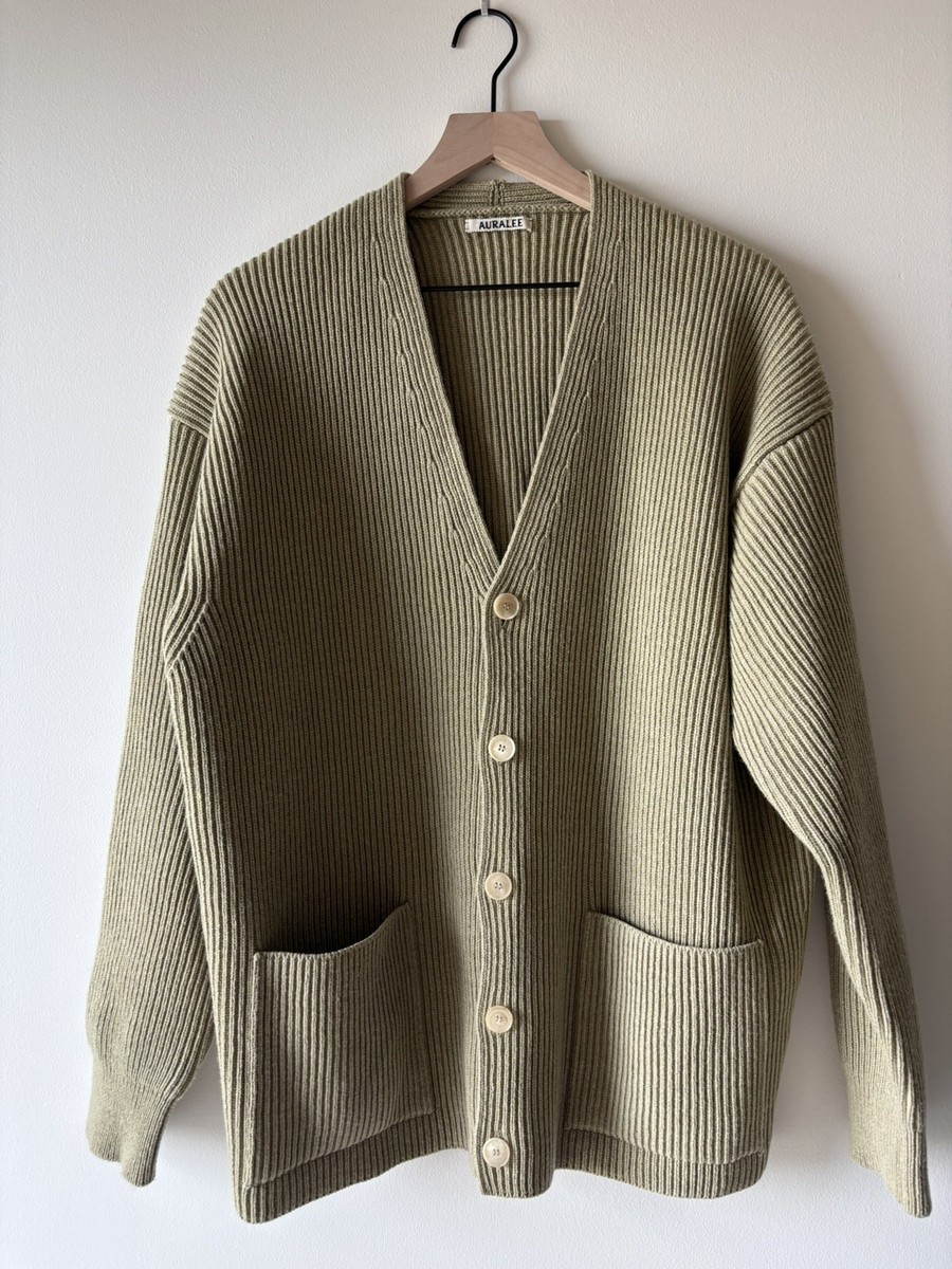 トップス AURALEE Fine Wool Rib Knit Big Cardigan AURALEE Super Fine Wool Rib Knit Big Cardigan, Green / Yellow