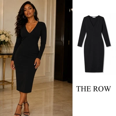 THE ROW Classic V-Neck Long Sleeve Black Midi Dress Size Medium