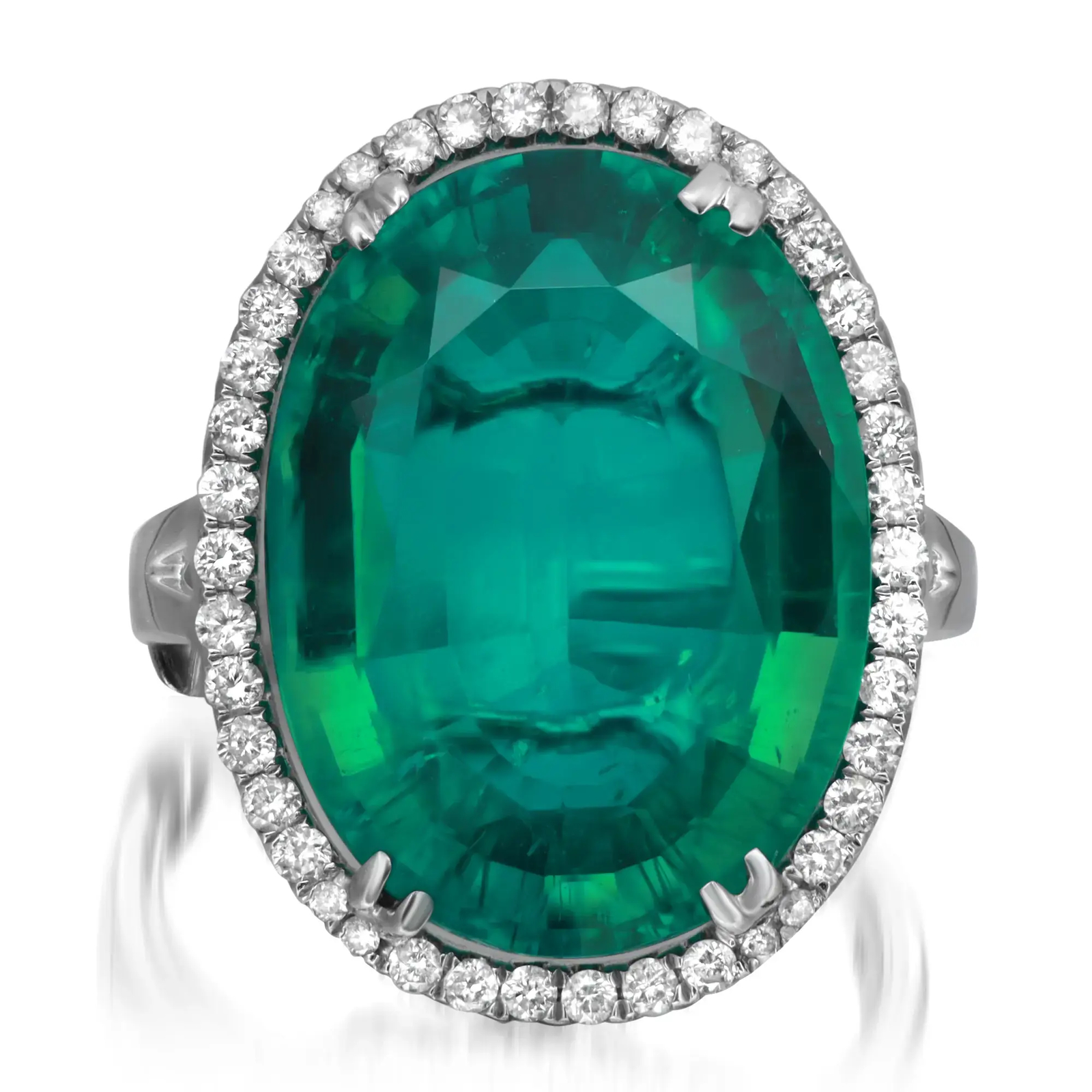 Lab Created Emerald and Diamond Cocktail Ring 18K White Gold Size US 6.5-7
