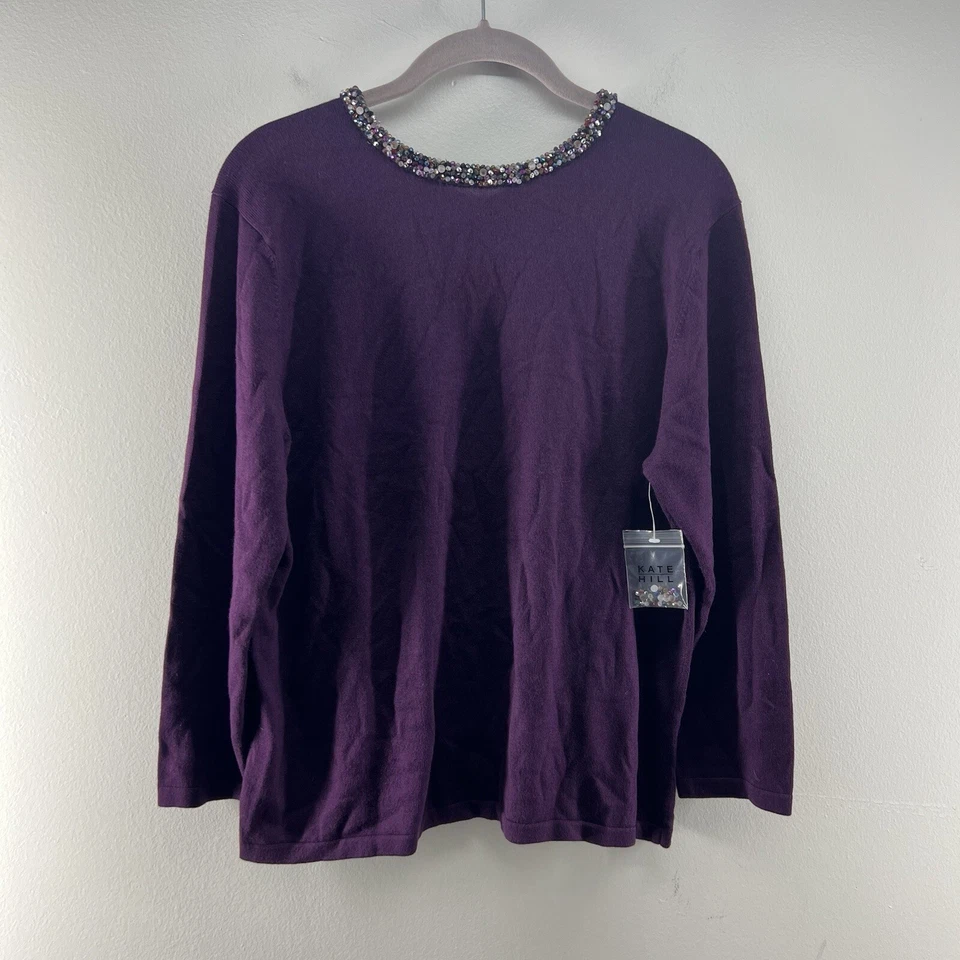 Kate Hill Sweater Womens L Purple Silk Blend Round Beaded Neckline 3/4 Sleeve - Image 2 of 4