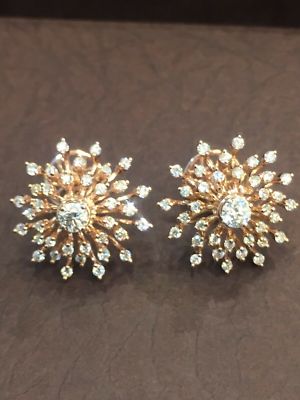 Classy 1.74 Cts Round Brilliant Cut Diamonds Sunburst Earrings In Solid 14K Gold