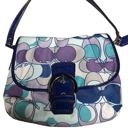 COACH MULTI COLOR BLUE PURPLE SIGNATUR SCARF KYRA CROSSBODY PURSE 8”x6” DUST JAC - Picture 2 of 6