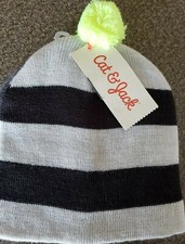 Cat  Jack 2 Pack Beanie Striped Black  Grey w/Pom Pom  Solid Grey Size 2T-5T