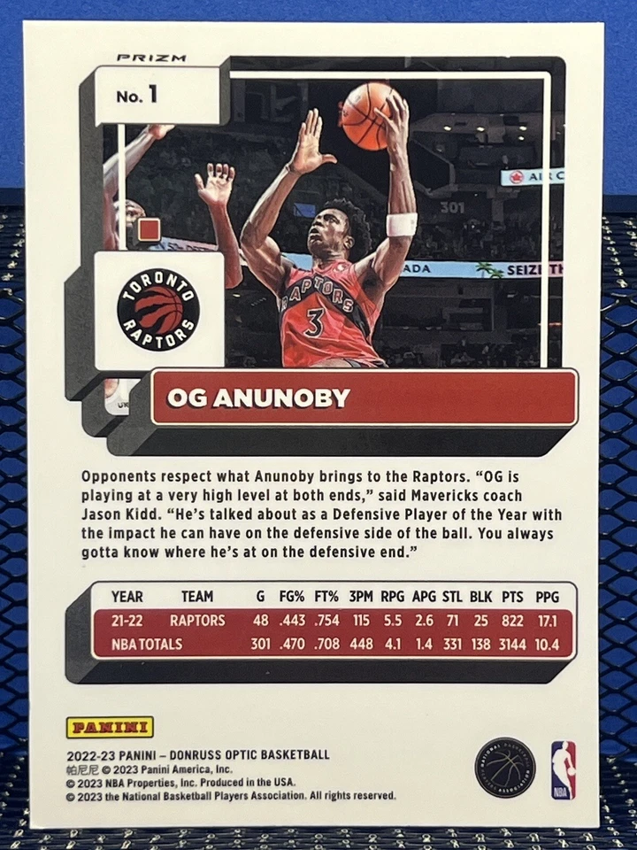 2022-23 Panini Donruss Optic OG ANUNOBY Toronto Raptors Fast Break Prizm - Image 2 of 2