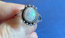 White Oval Rainbow Ring, Size 7 3/4, Superb Luster, Shimmers like an Opal