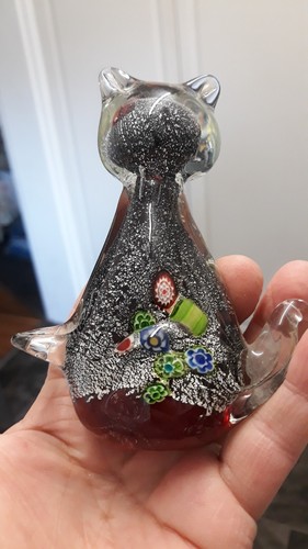 Vintage Murano Style Handblown Silver Millefiori cat From Italy. Ruby Glass - Picture 8 of 11
