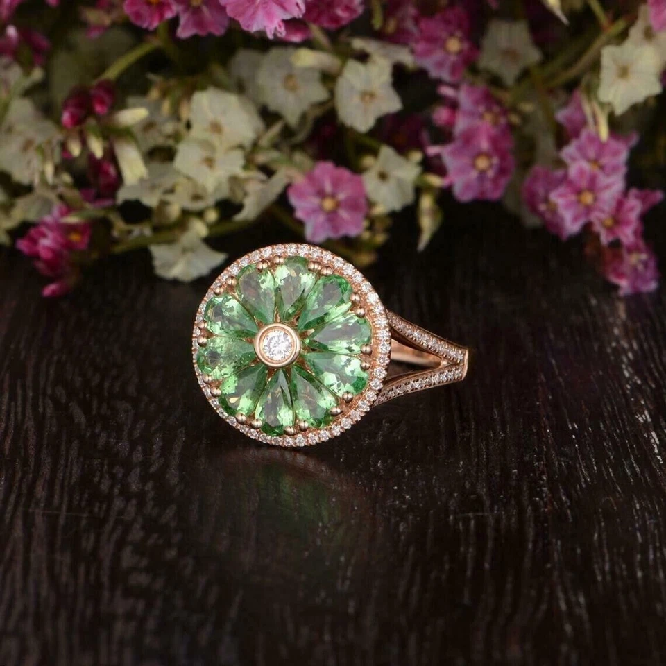 3CT Pear Cut Lab Created Green Peridot Halo Wedding Ring 14K Rose Gold Plated - Image 3 of 4