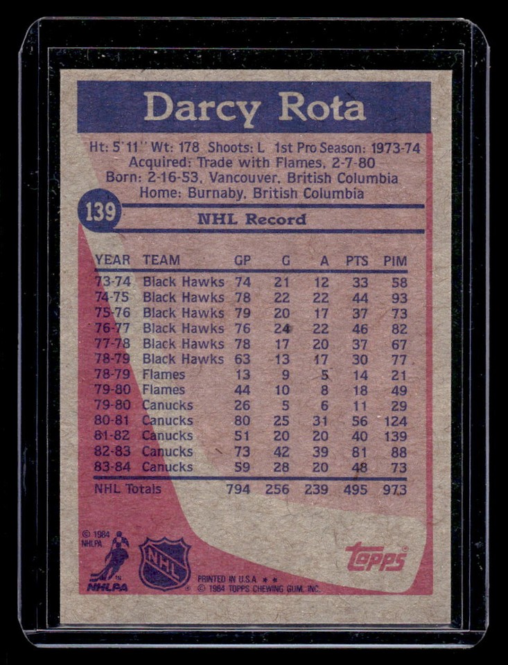 Darcy Rota 1984 Topps #139 Vancouver Canucks | eBay
