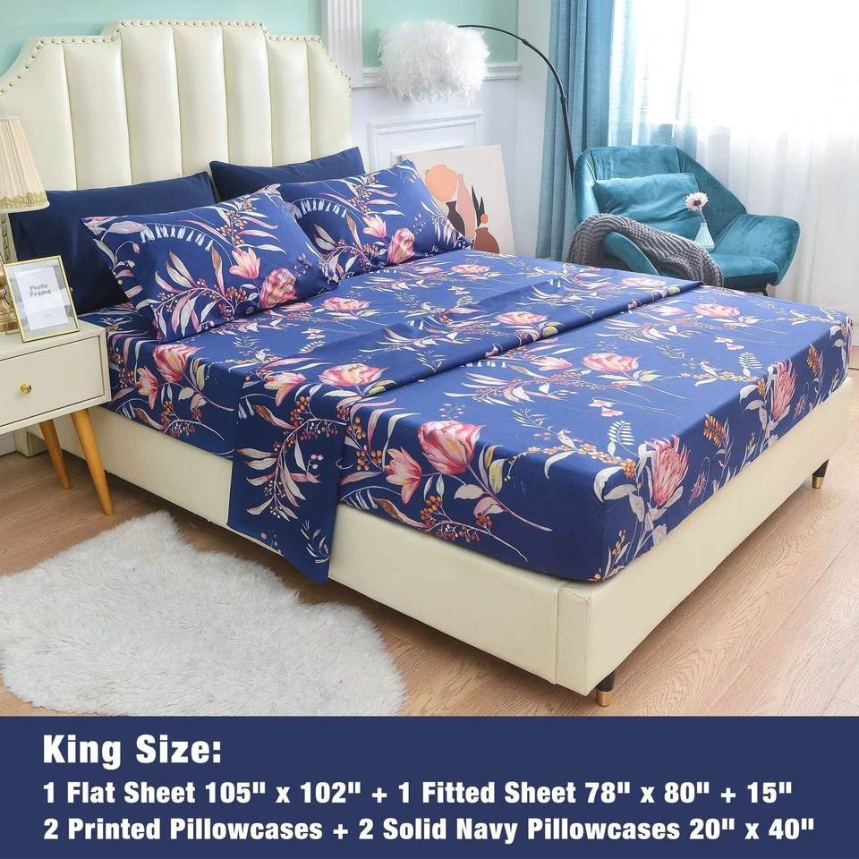 JSD Navy Blue Floral Printed King Sheet Set, 6 Piece Botanical Pattern Microf. - Image 2 of 4