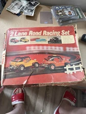 Vintage Battery Operated 2 Lane Road Racing Set Lot Of 2 Untested