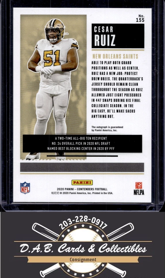 2020 Panini Contenders #155 Cesar Ruiz Playoff Rookie Auto #/99 Saints R03 - Image 2 of 2