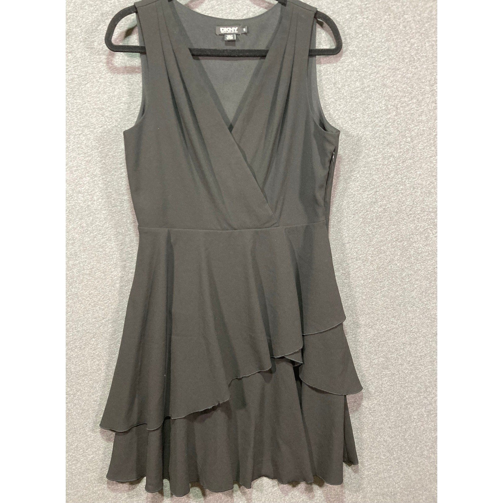 DKNY Womens Black Tiered Ruffle Fit and Flare Sleeveless Cocktail Dress Size 12